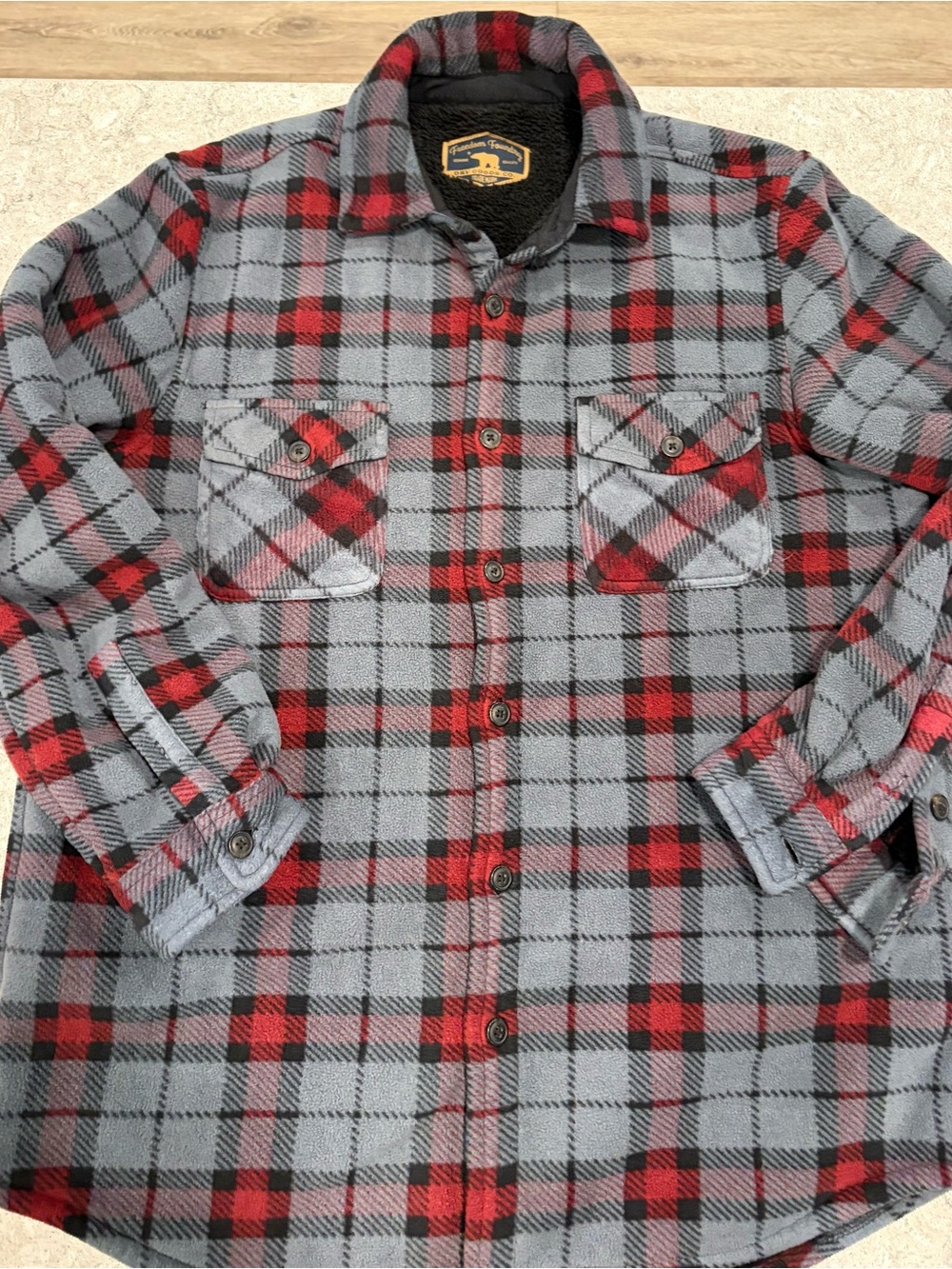 Men's Grey & Red Plaid Sherpa-Lined Button-Up Shirt Jacket